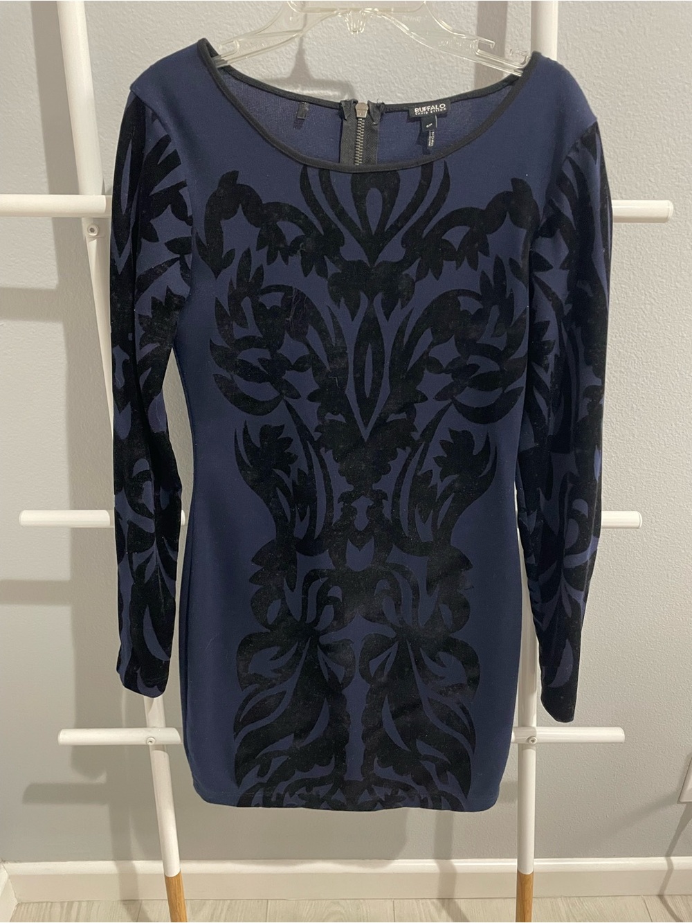 Buffalo David Bitton Navy & Black Velvet-Pattern Long Sleeve Dress